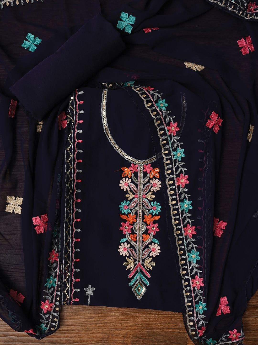 

Jaipur Kurti Sequin Embroidered Silk Georgette Dress Material with Dupatta, Blue