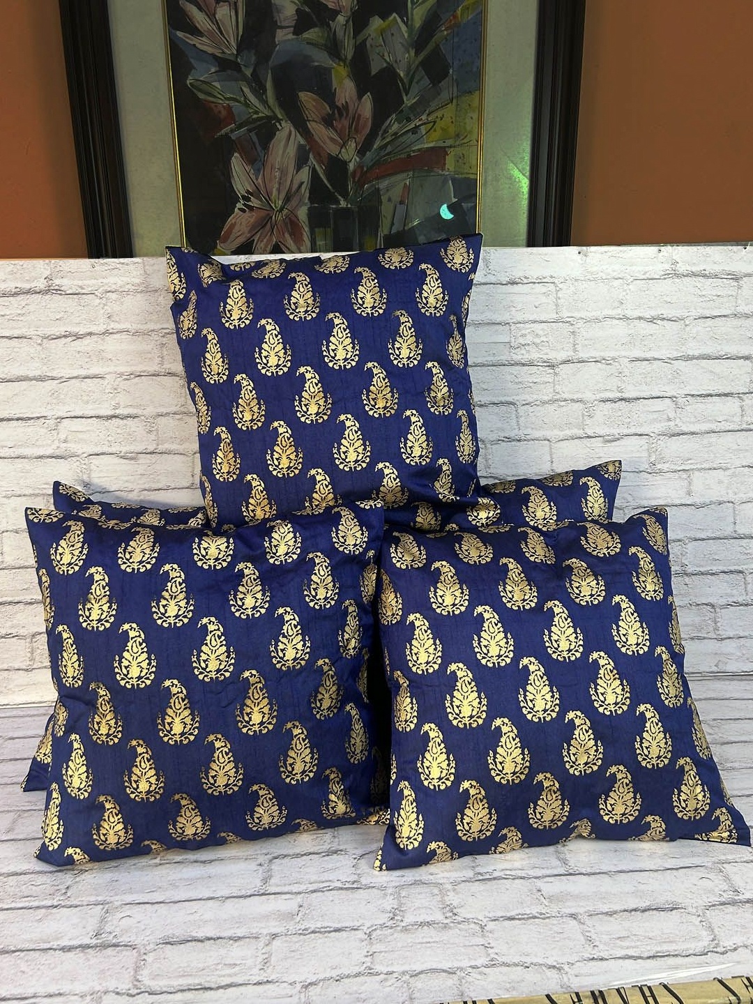 

Pink Parrot Blue & Gold-Toned 5 Pieces Ethnic Motifs Square Cushion Covers