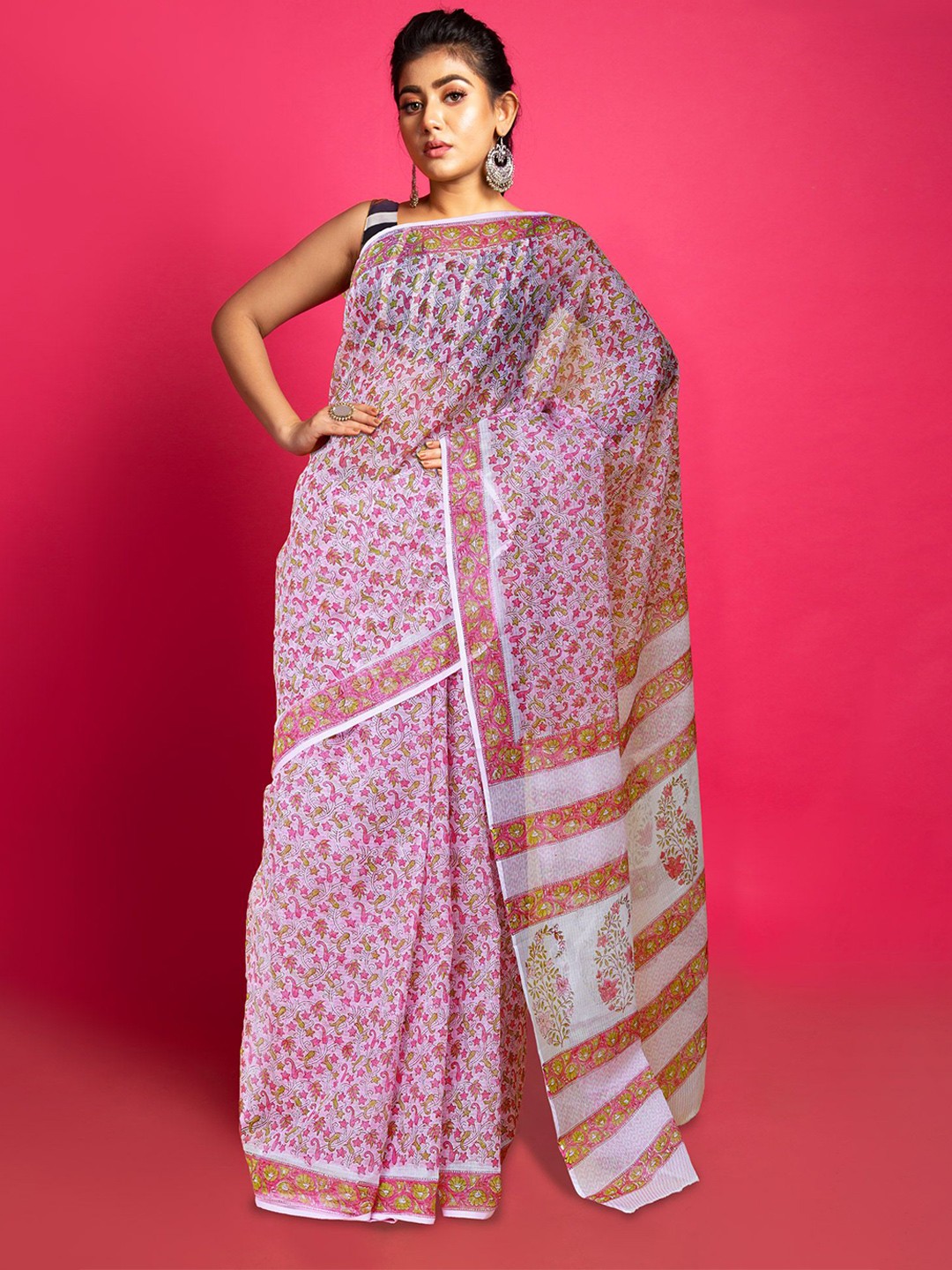 

Unnati Silks Ethnic Motifs Handloom Block Print Saree, Pink