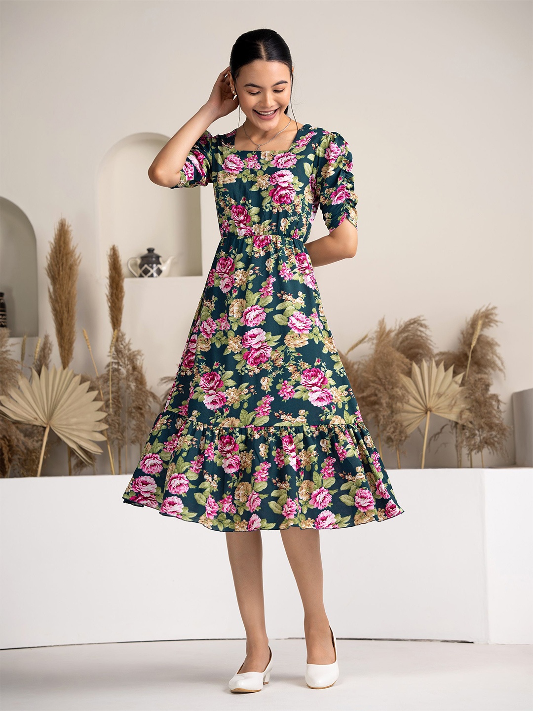 

AASK Floral Printed Puff Sleeve Fit & Flare Dress, Green