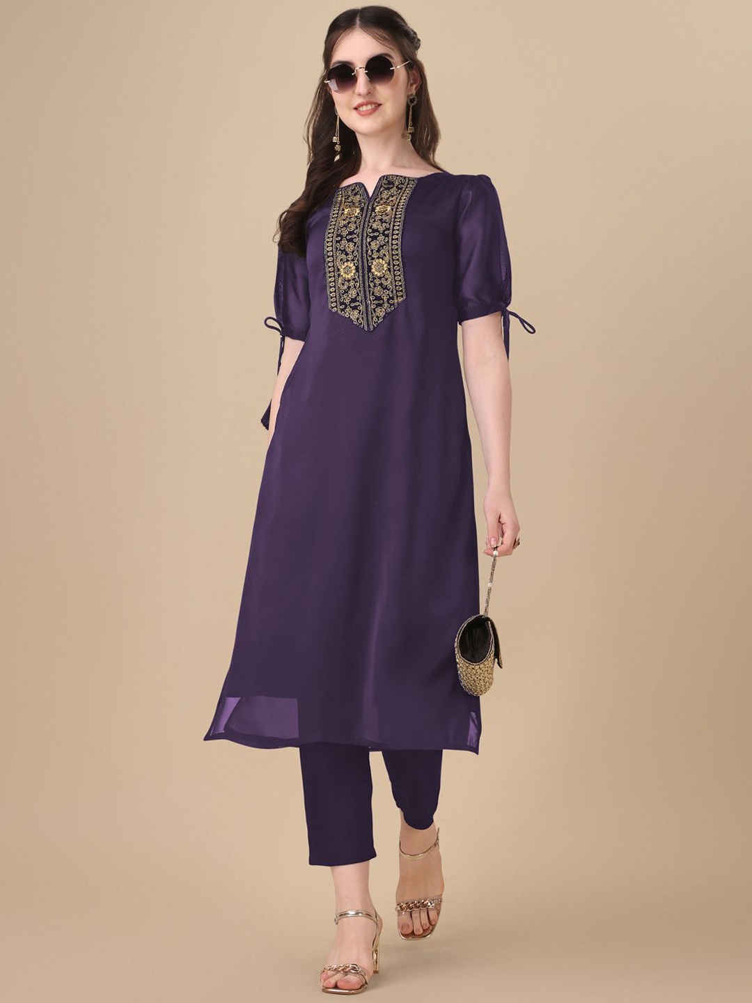 

GOROLY Floral Embroidered Puff Sleeves Thread Work Art Silk Straight Kurta, Violet