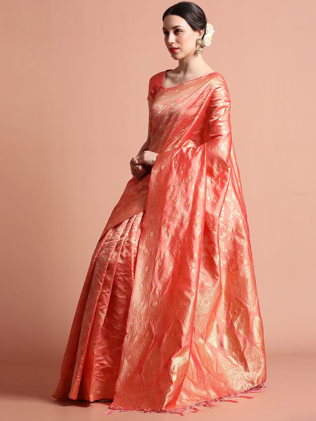 

Jaipur Kurti Silk Banarasi Zari Woven Heavy Saree, Rose gold