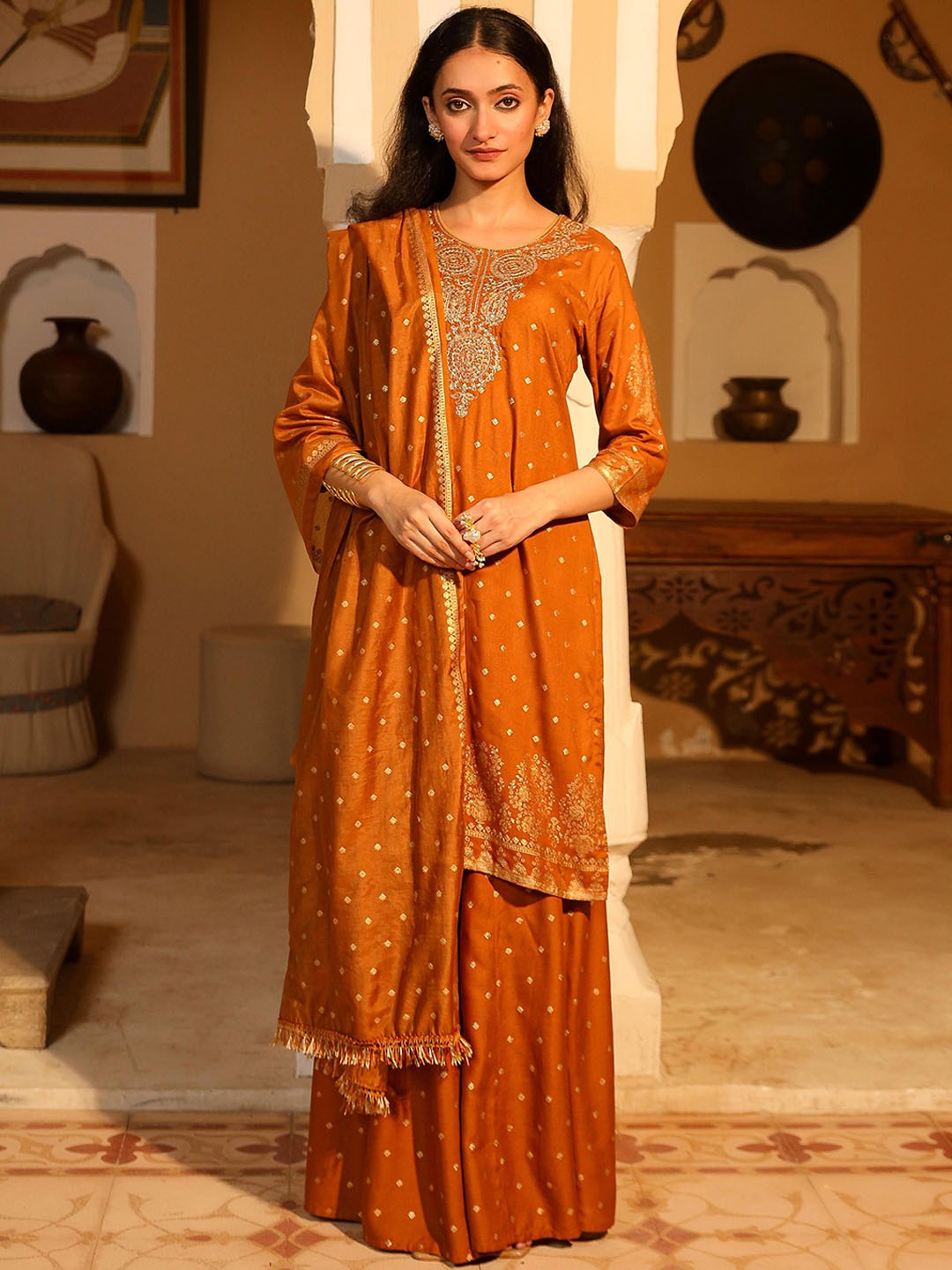 

Juniper Floral Printed Zari Straight Kurta With Trousers & Dupatta, Mustard
