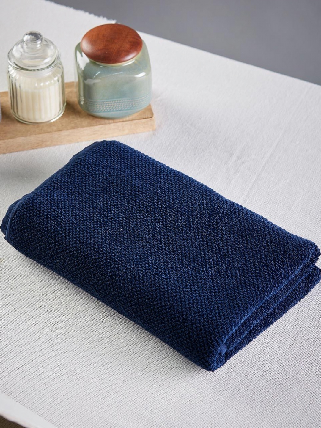 

Fabindia Navy Hanah Large Cotton 570 GSM Pile Bath Towel, Blue