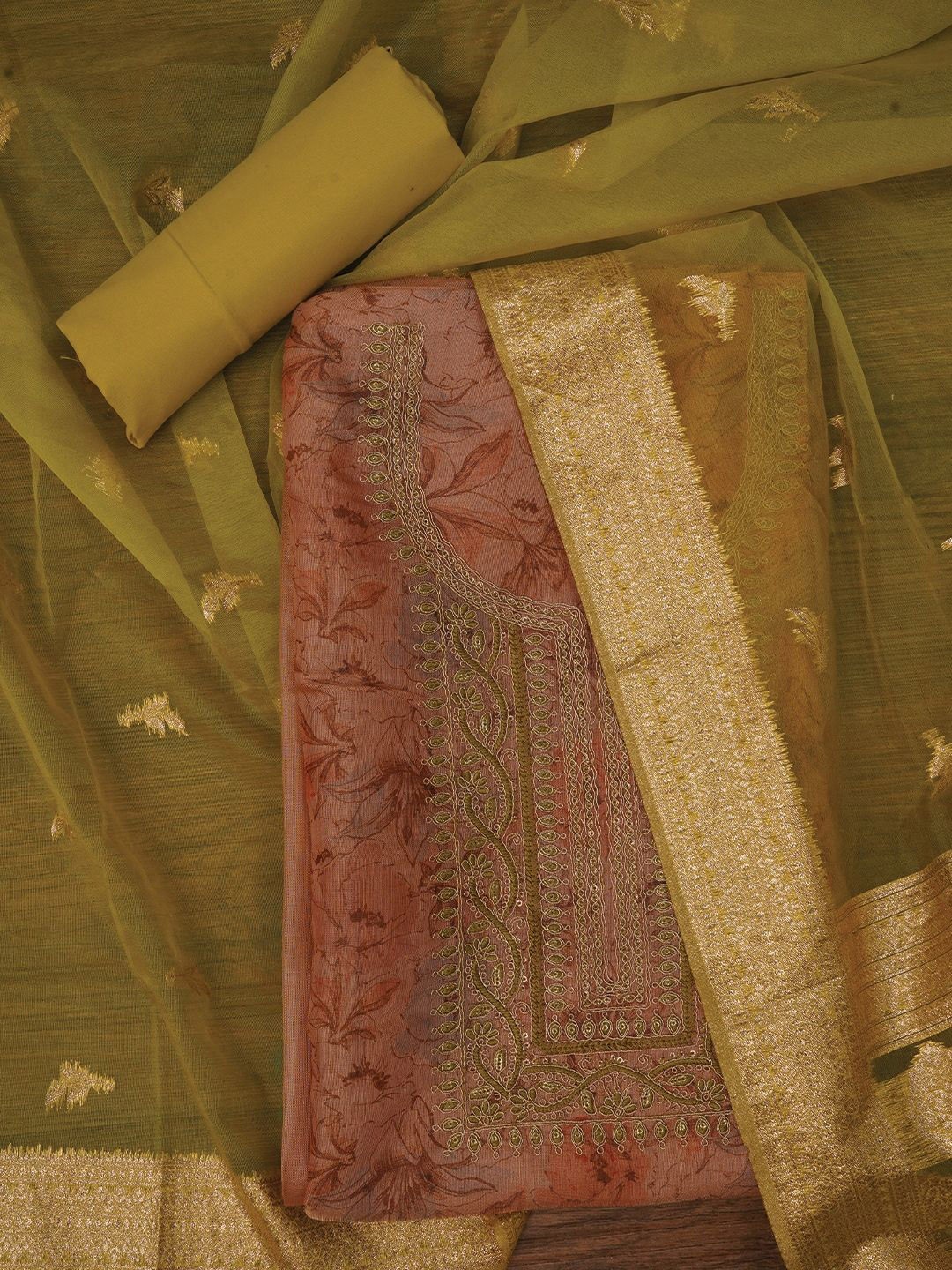 

Jaipur Kurti Floral Printed Embellished Organza Dress Material with Dupatta, Pink