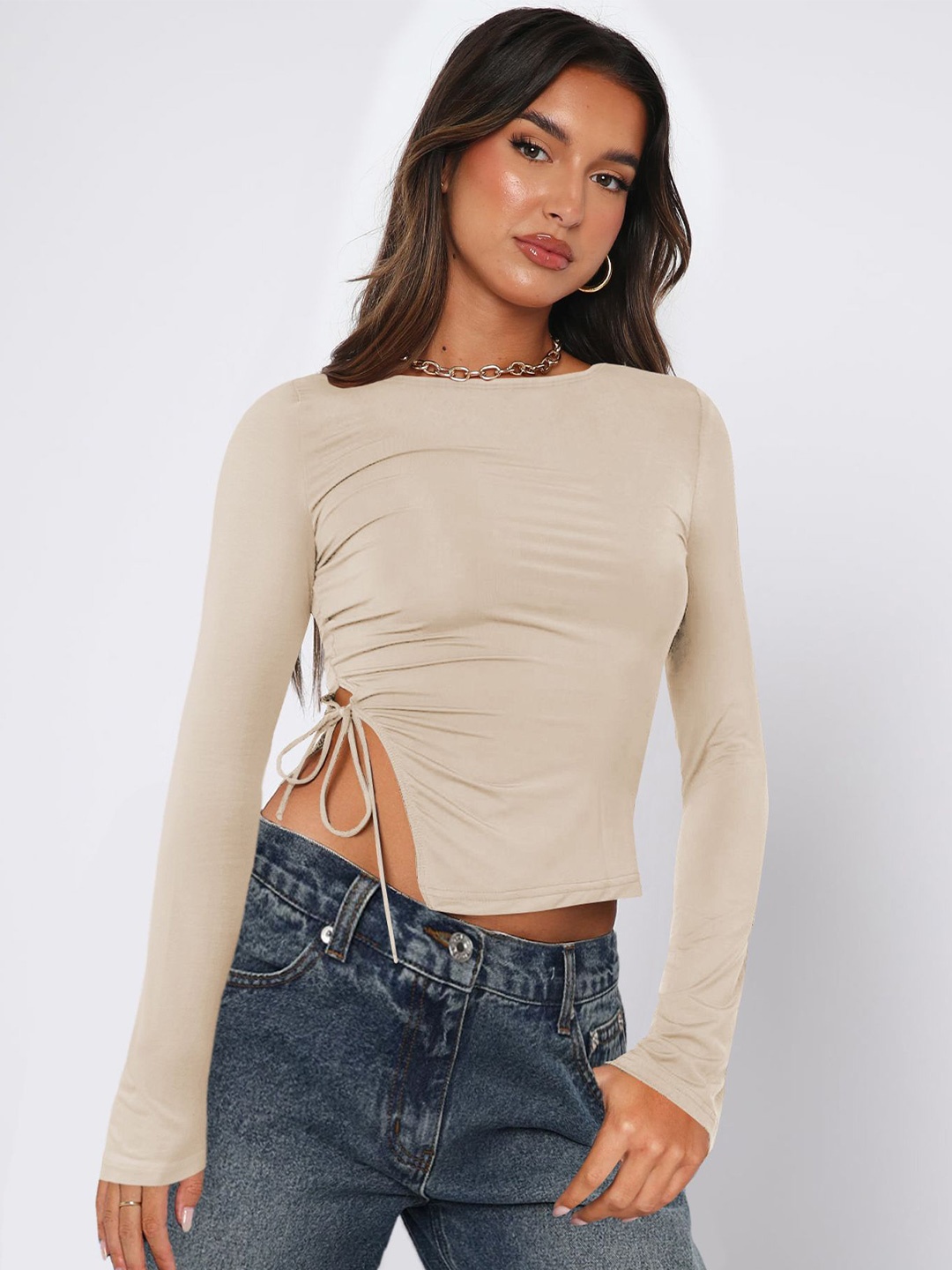 

StyleCast x Revolte Women Solid Boat Neck Top, Beige