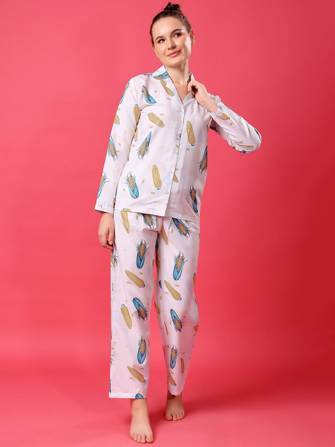 

Cation Women Printed Lapel Collar Night suit, Pink