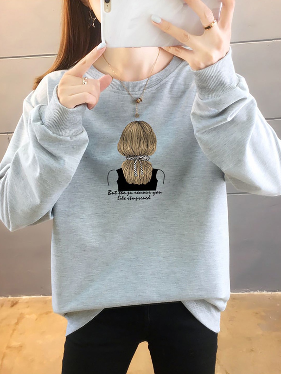

StyleCast x Revolte Graphic Printed Cotton Longline Sweatshirt, Grey