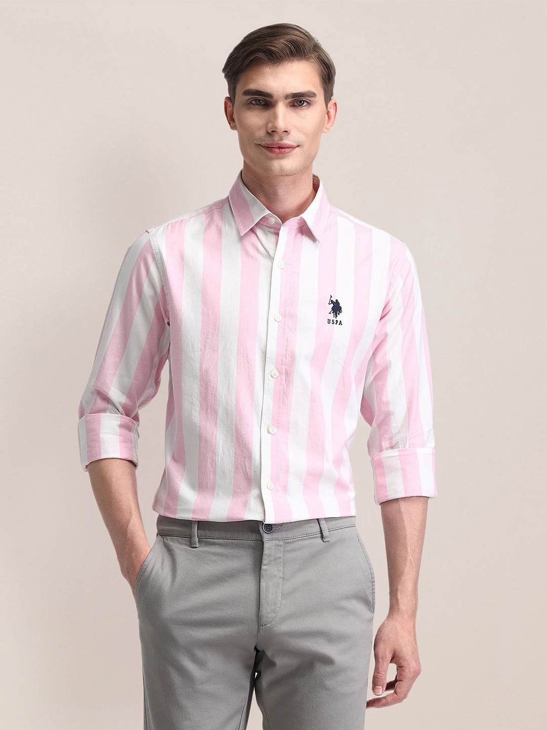 

U.S. Polo Assn. Men Classic Opaque Striped Casual Shirt, Pink