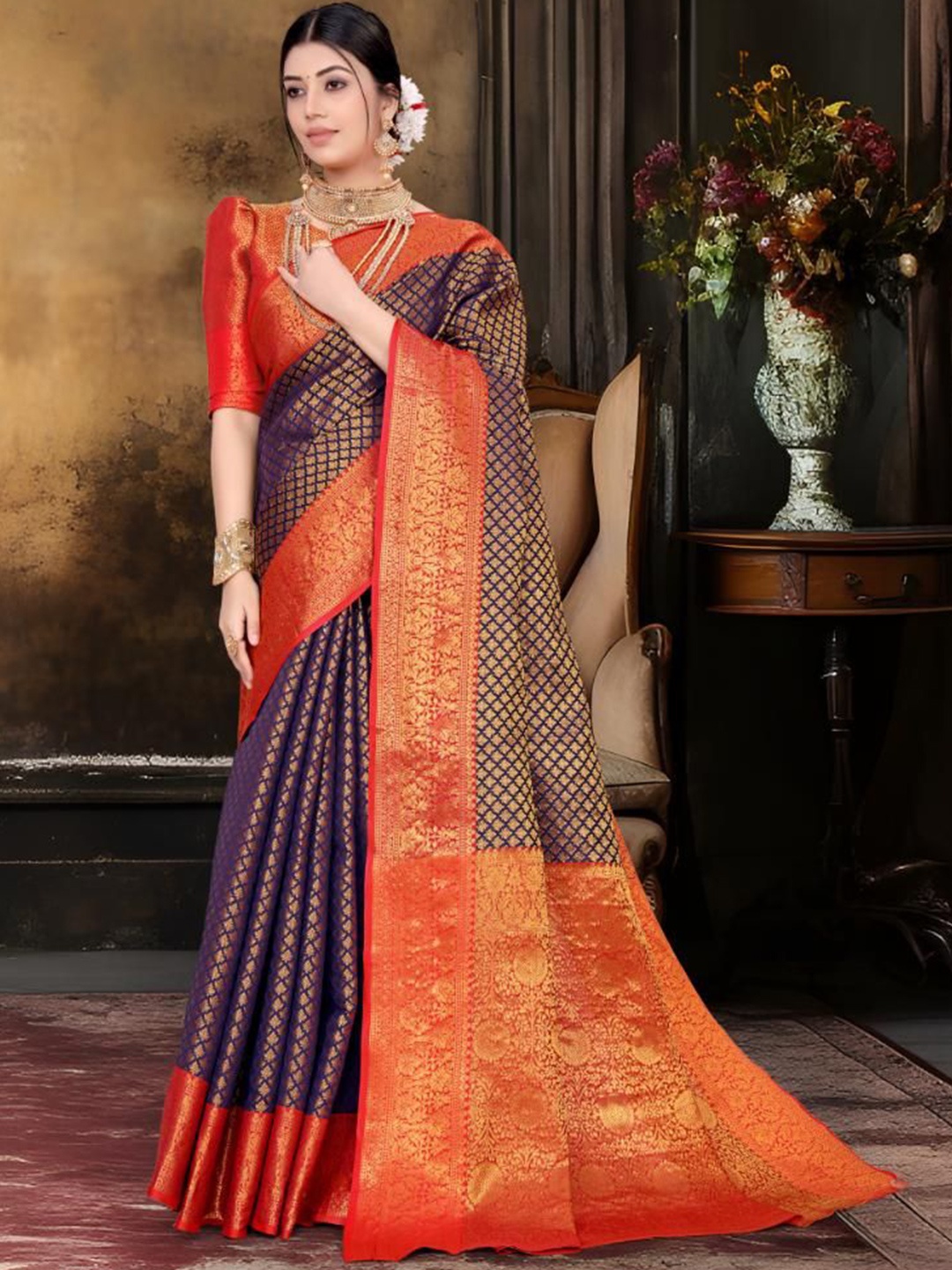 

JAY FASHION Woven Design Zari Kanjeevaram Saree, Navy blue