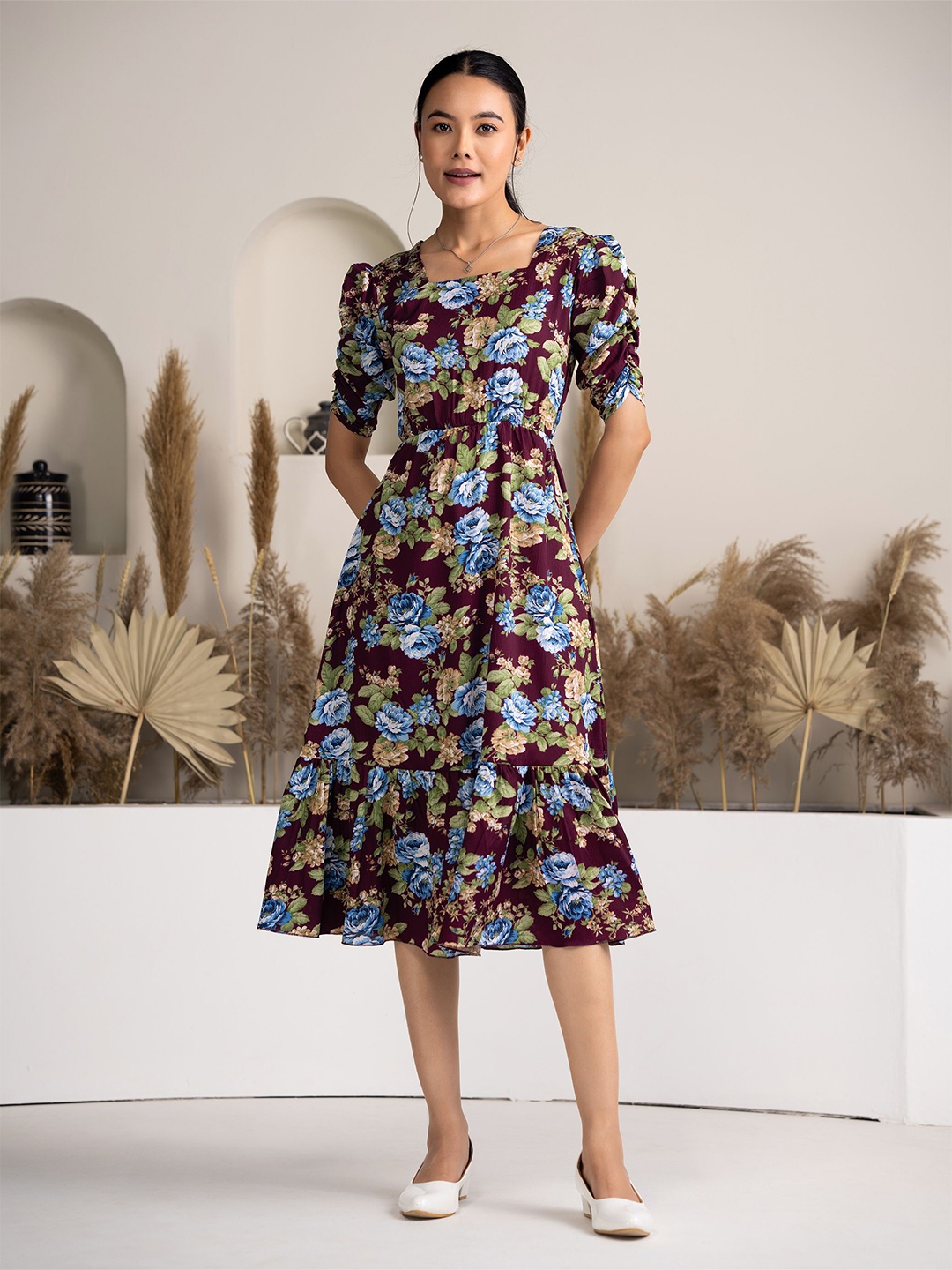 

AASK Floral Printed Puff Sleeve Fit & Flare Dress, Purple