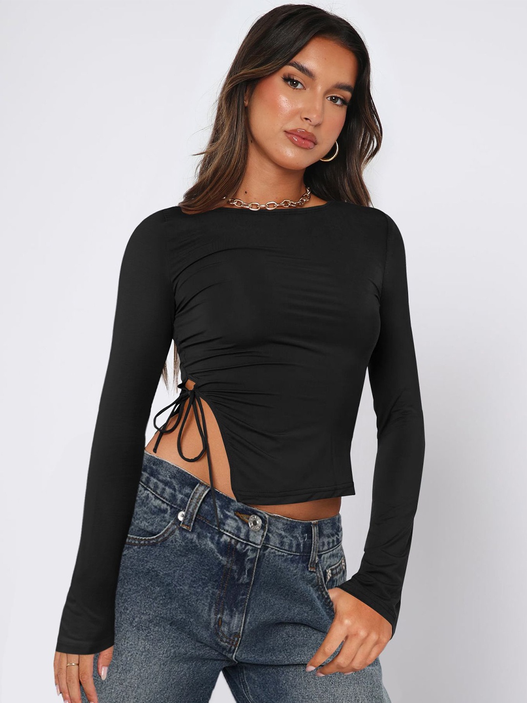 

StyleCast x Revolte Women Solid Boat Neck Top, Black