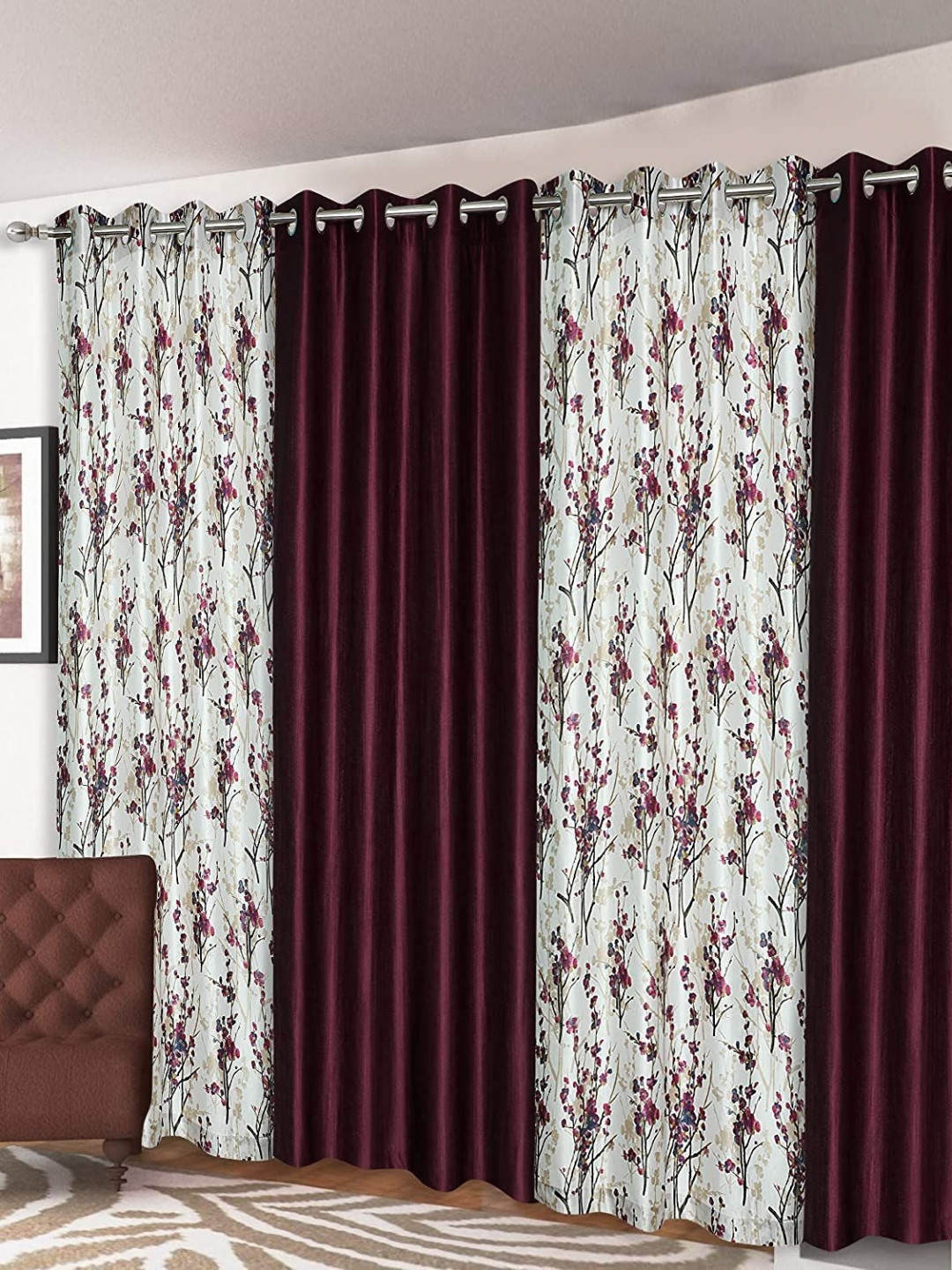 

Banchmark Home Furnishings Maroon & White 4 Pieces Floral Room Darkening Window Curtains