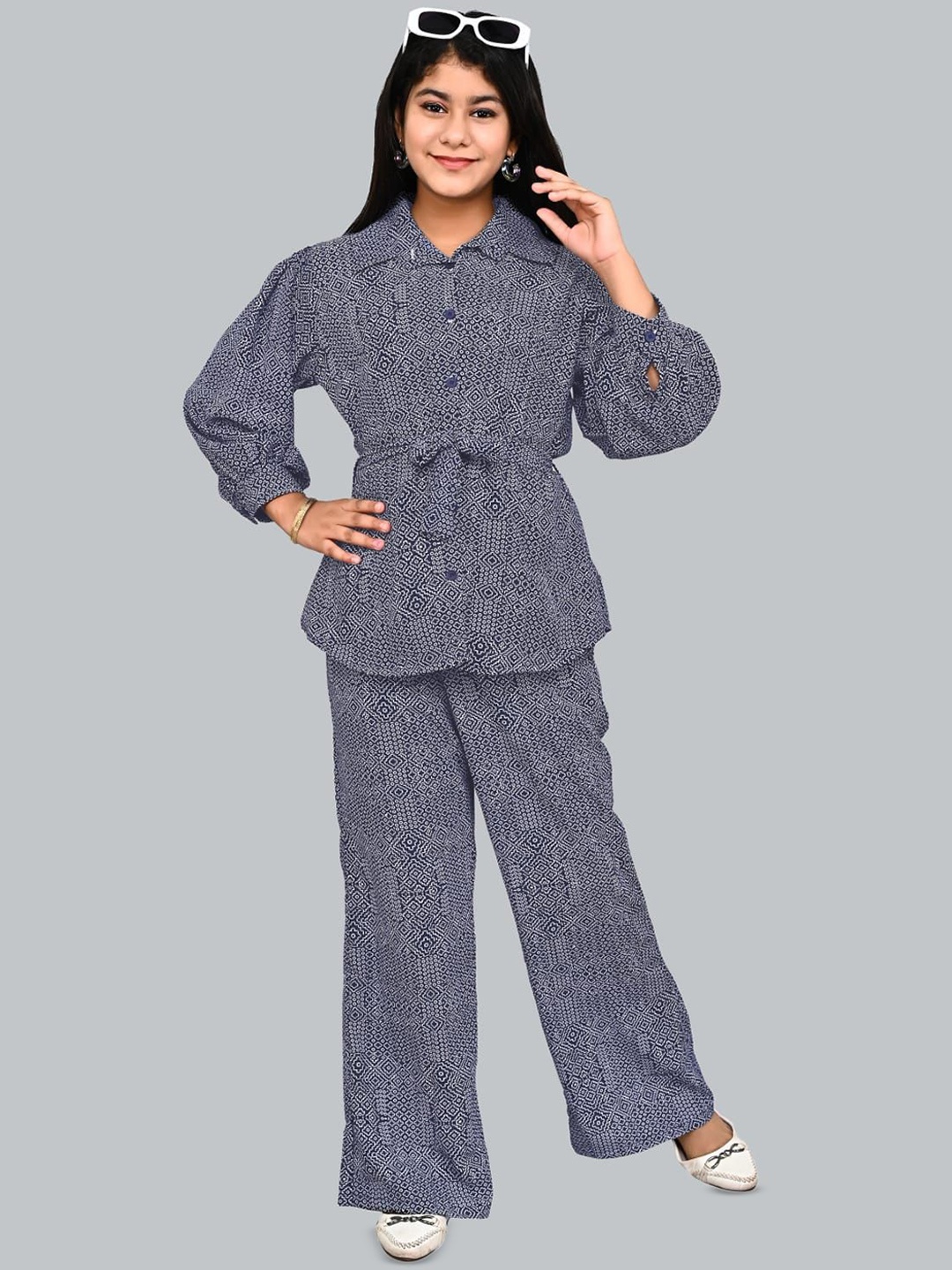 

FELLAMO Girls Geometric Printed Pure Cotton Shirt With Trousers, Blue