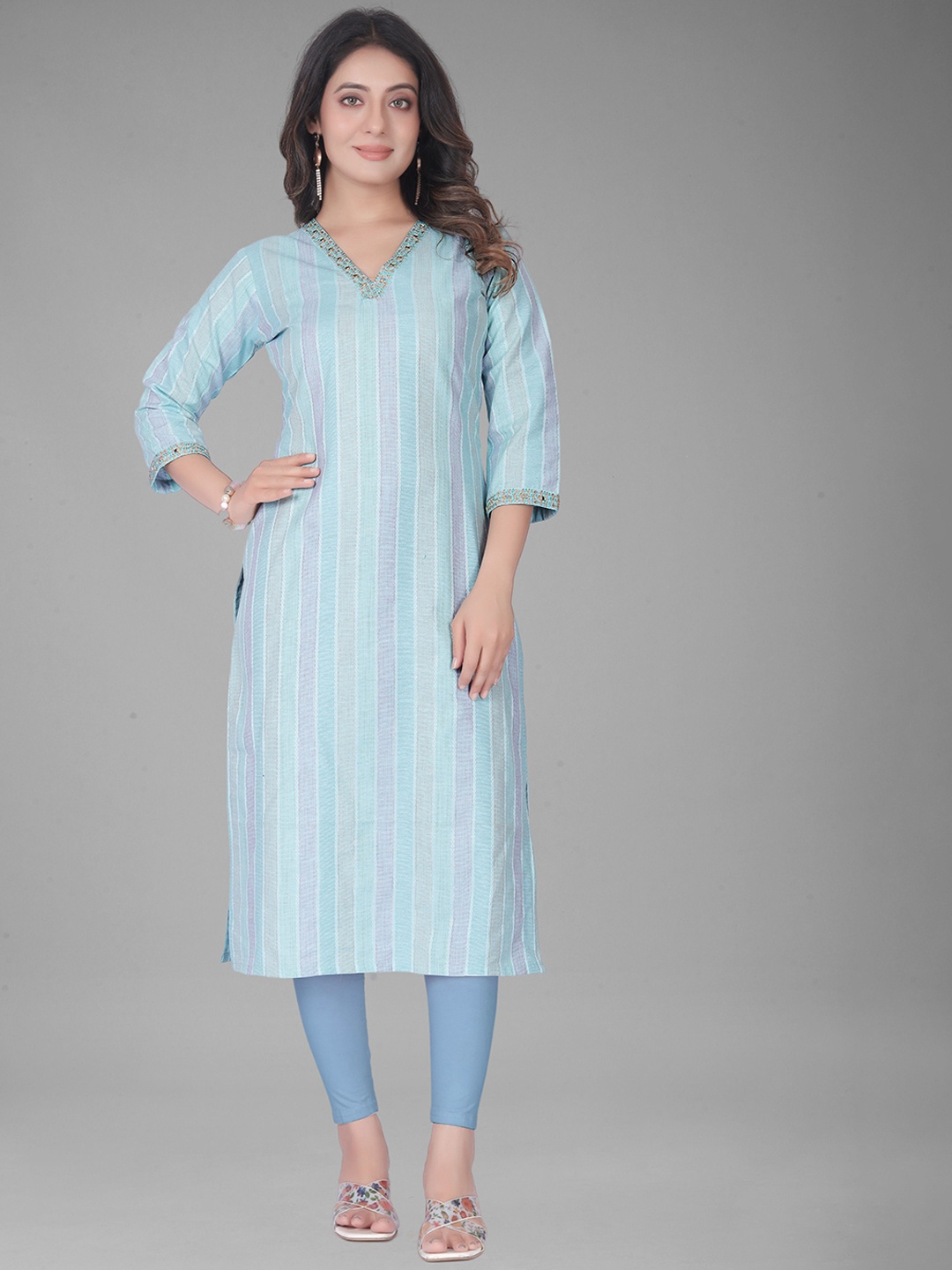 

FASHIRE Striped V-Neck Pure Cotton Straight Kurta, Blue