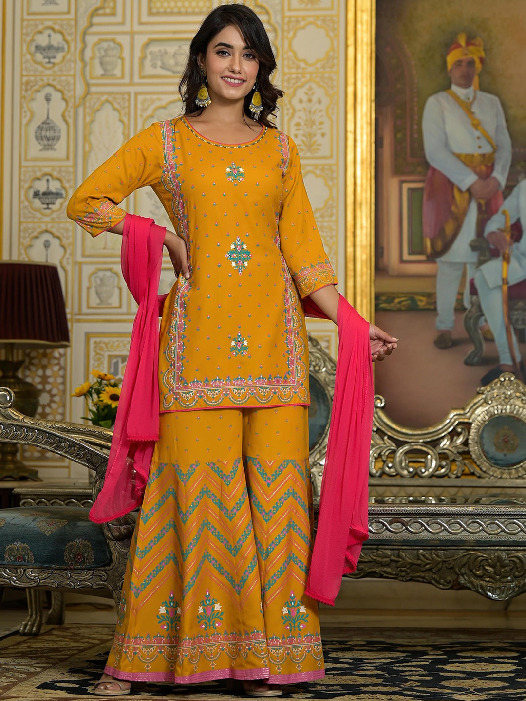 

Juniper Ethnic Motifs Printed Sequinned Liva Straight Kurti With Sharara & Dupatta, Mustard