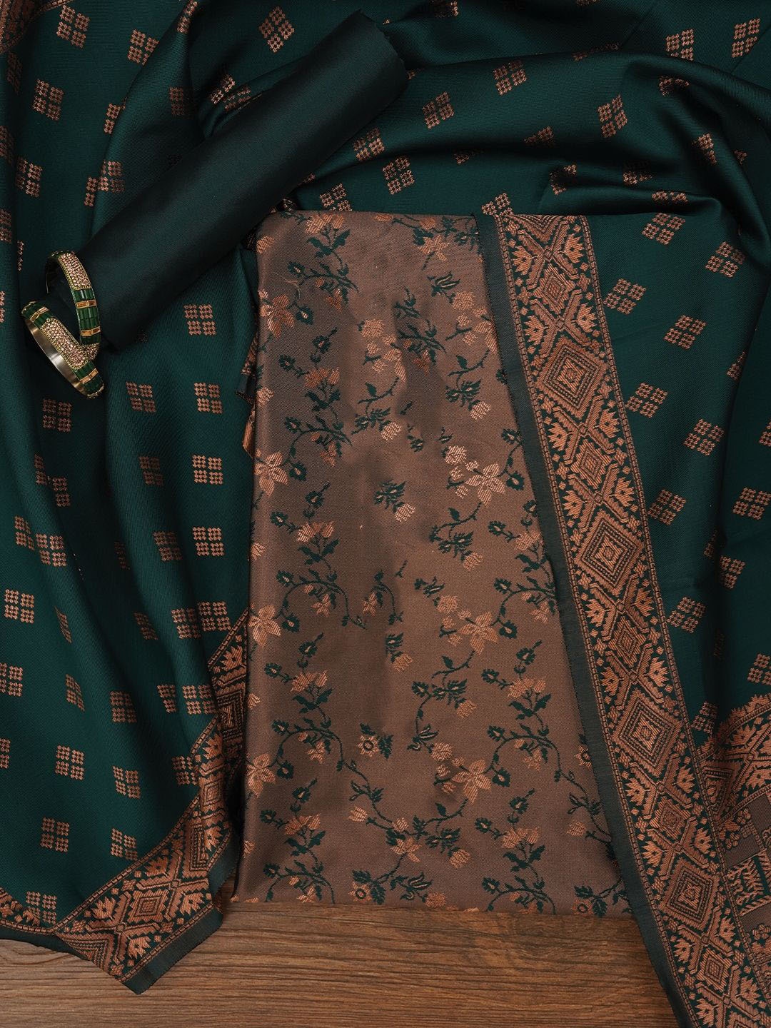 

Jaipur Kurti Floral Silk Zari Woven Dress Material with Dupatta, Olive