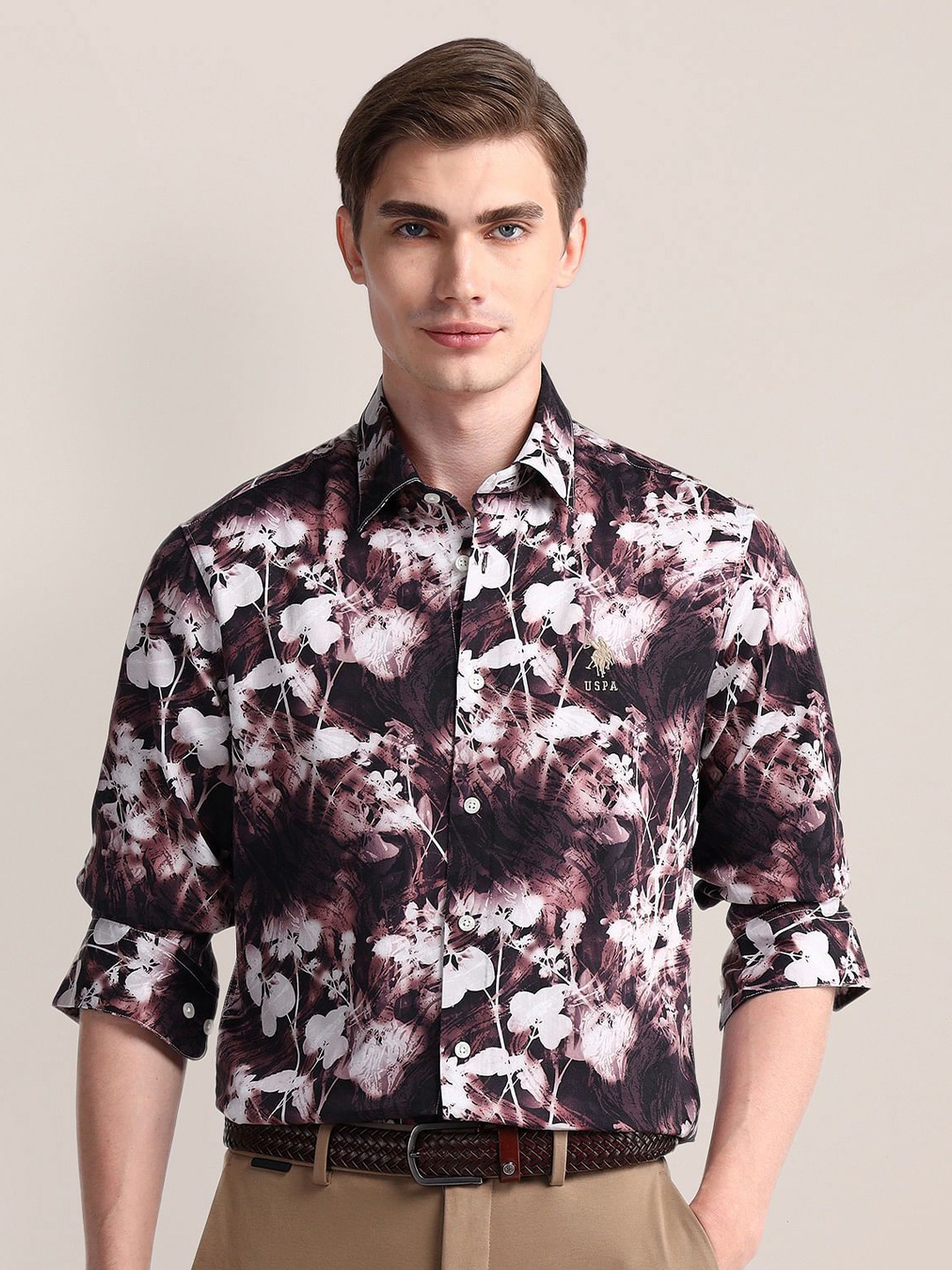 

U.S. Polo Assn. Men Classic Spread Collar Floral Printed Cotton Casual Shirt, Red