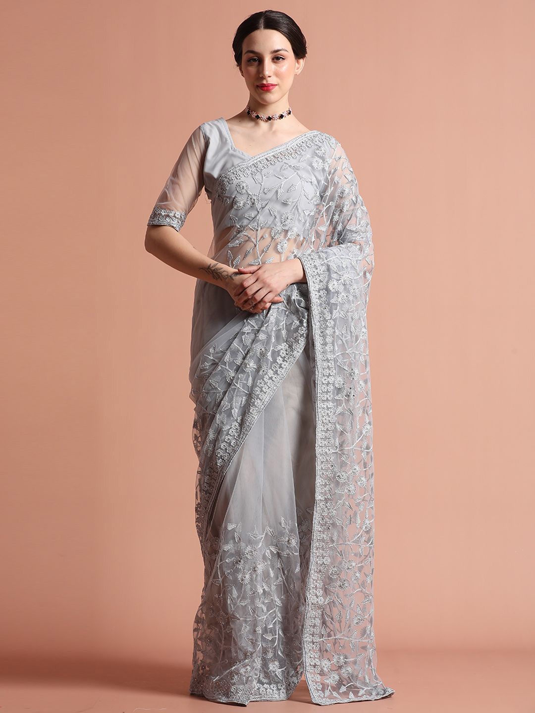 

Jaipur Kurti Party Wear Floral Embroidered Net Saree, Grey