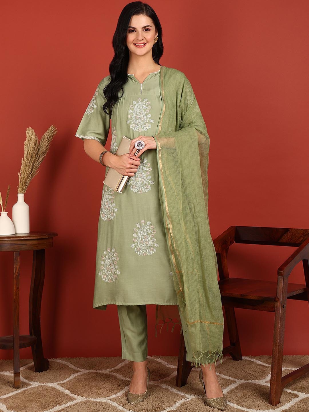 

FUBAR Paisley Embroidered Kurta With Trousers & Dupatta, Green