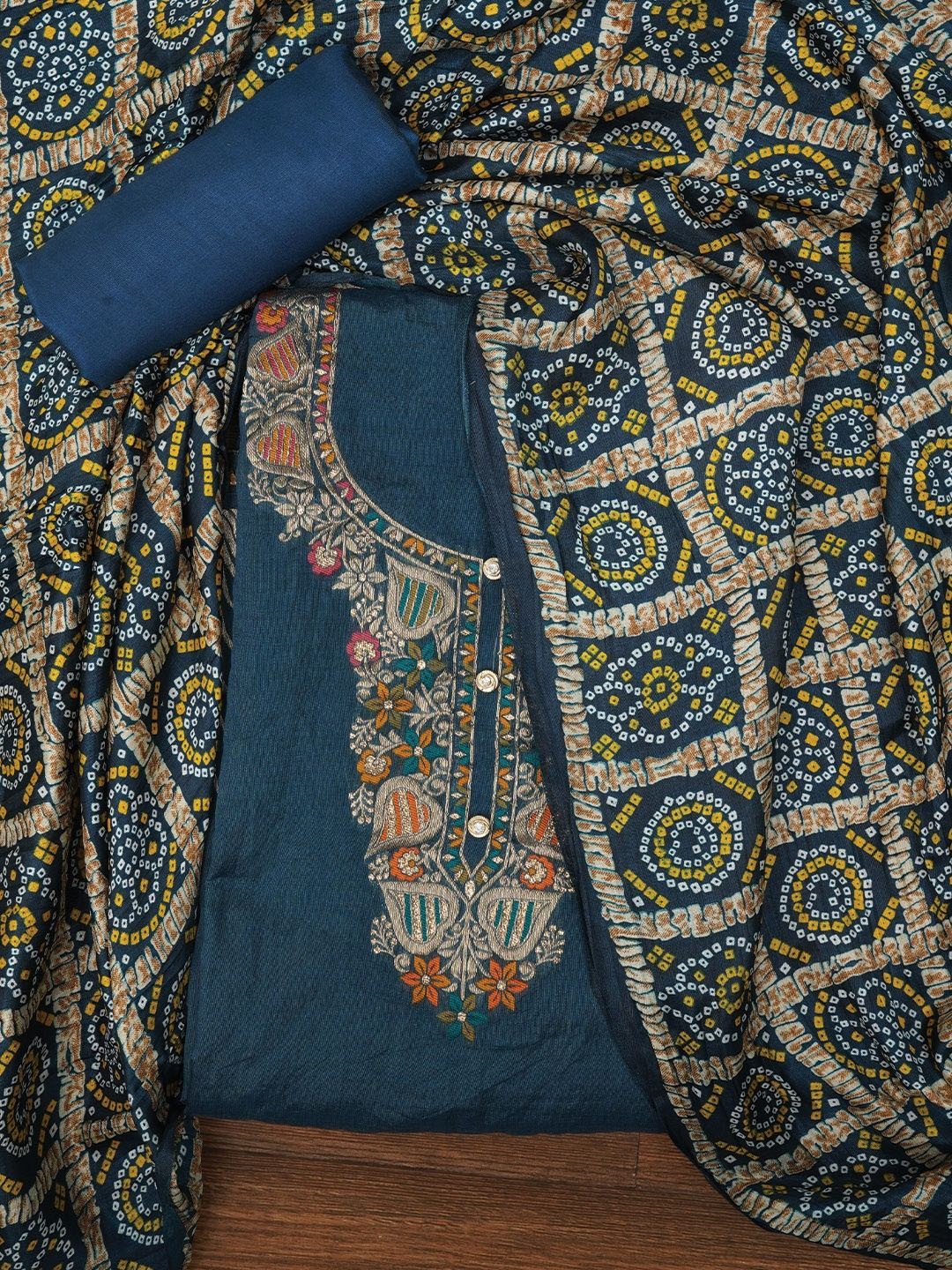 

Jaipur Kurti Unstitched Zari Silk Blend Dress Material With Dupatta, Teal