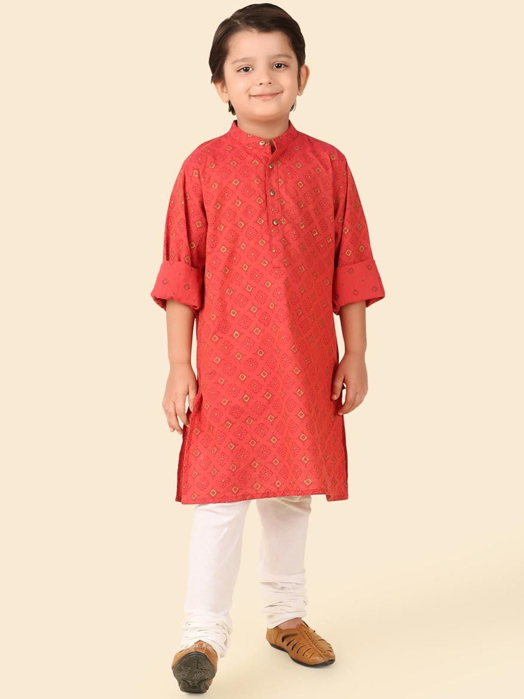 

Fabindia Boys Geometric Printed Band Collar Cotton Straight Kurta, Coral