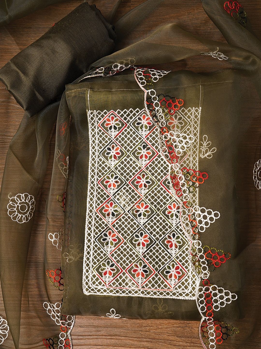 

Jaipur Kurti Zari Embroidered Organza Dress Material with Dupatta, Olive