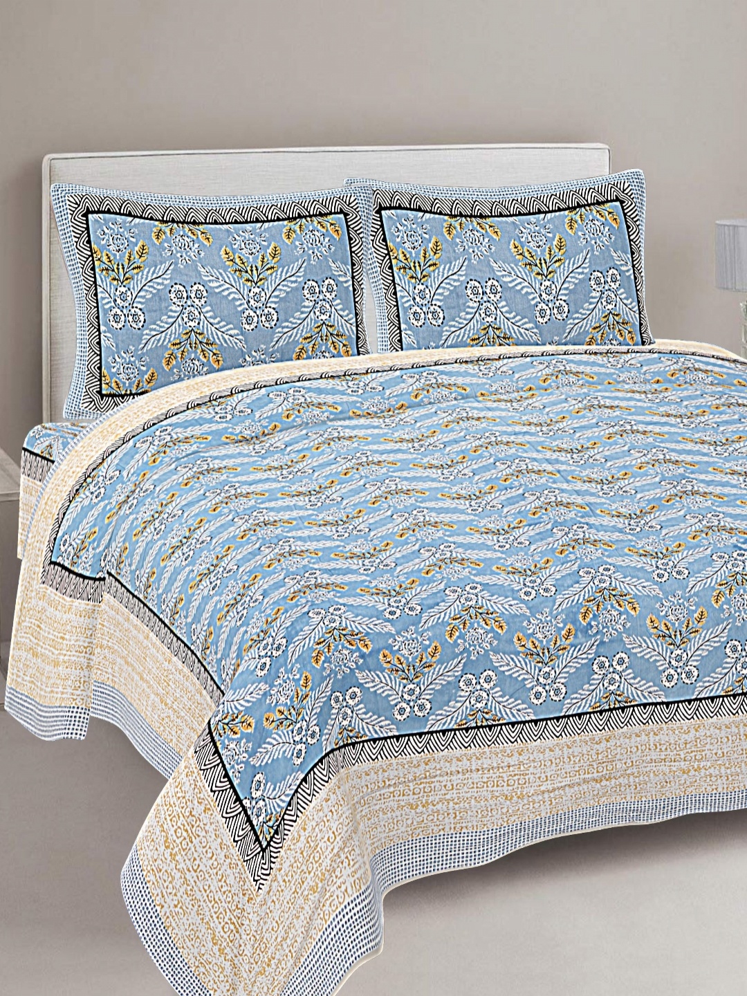 

FrionKandy Living Turquoise Blue Printed Cotton 180 TC King Bedsheet with 2 Pillow Covers