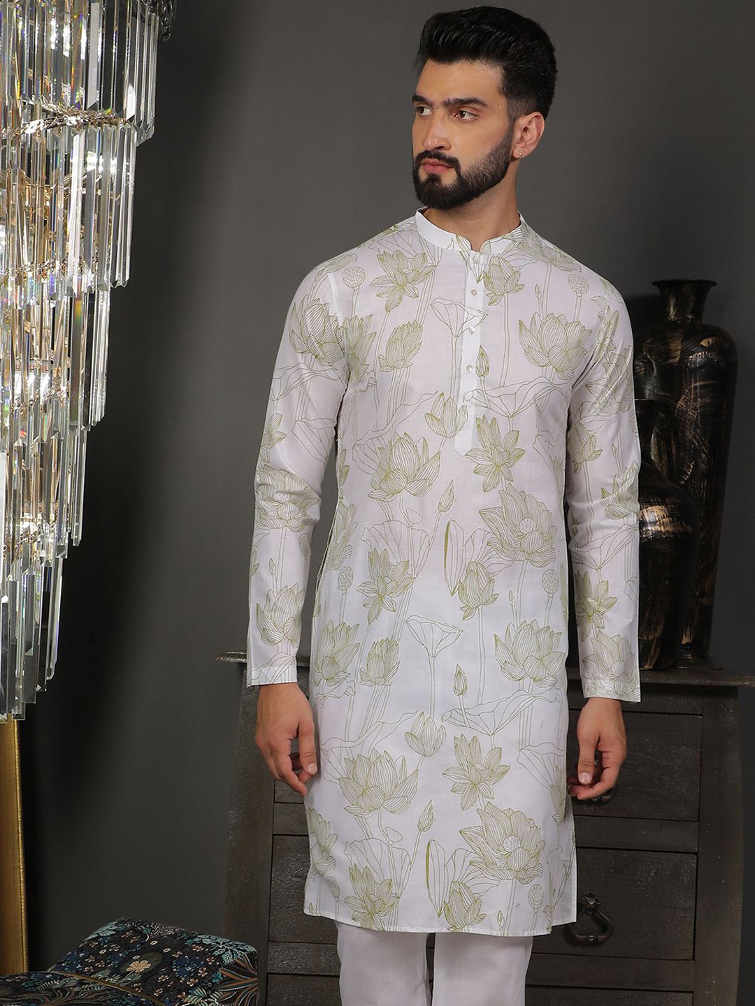 

DEYANN Ethnic Motifs Printed Mandarin Collar Cotton Straight Kurta, Olive