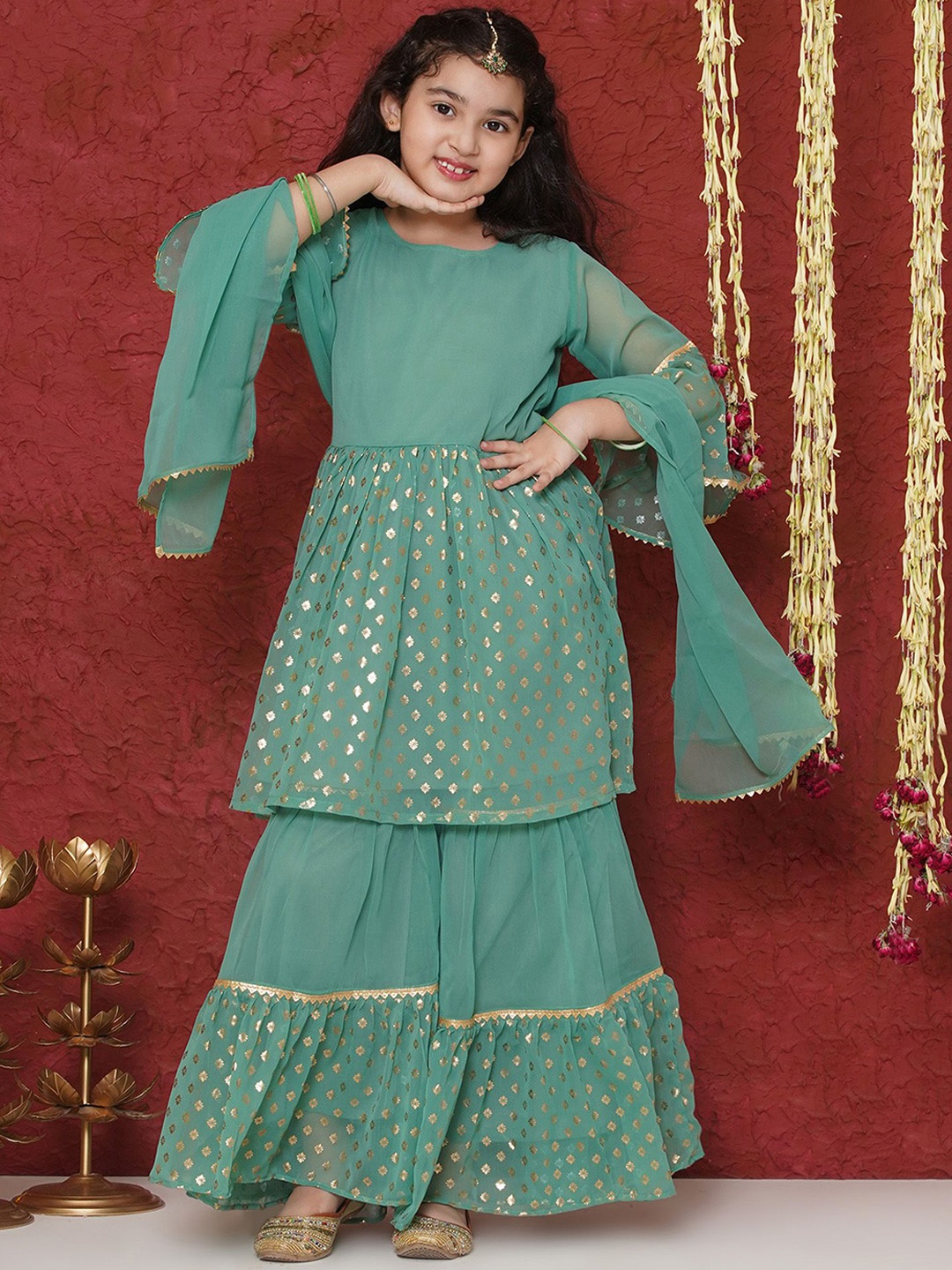 

Aj DEZInES Girls Ethnic Motifs Printed Bell Sleeves Anarkali Kurt With Sharara & Dupatta, Green