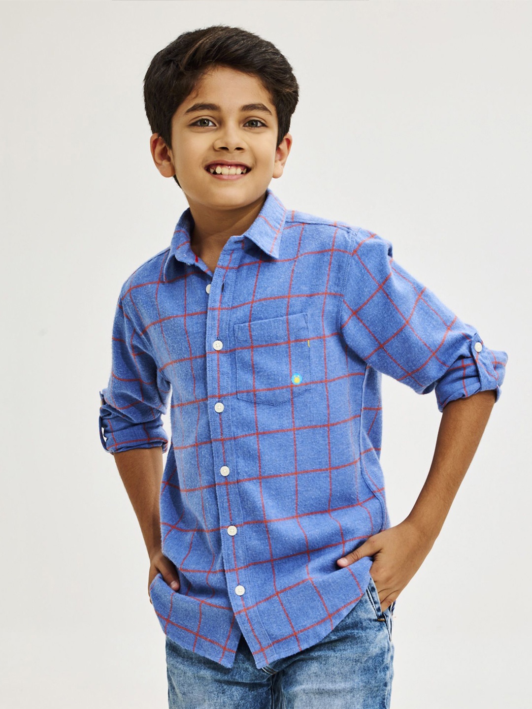 

NO MONDAYS Boys Relaxed Spread Collar Checked Cotton Casual Shirt, Blue