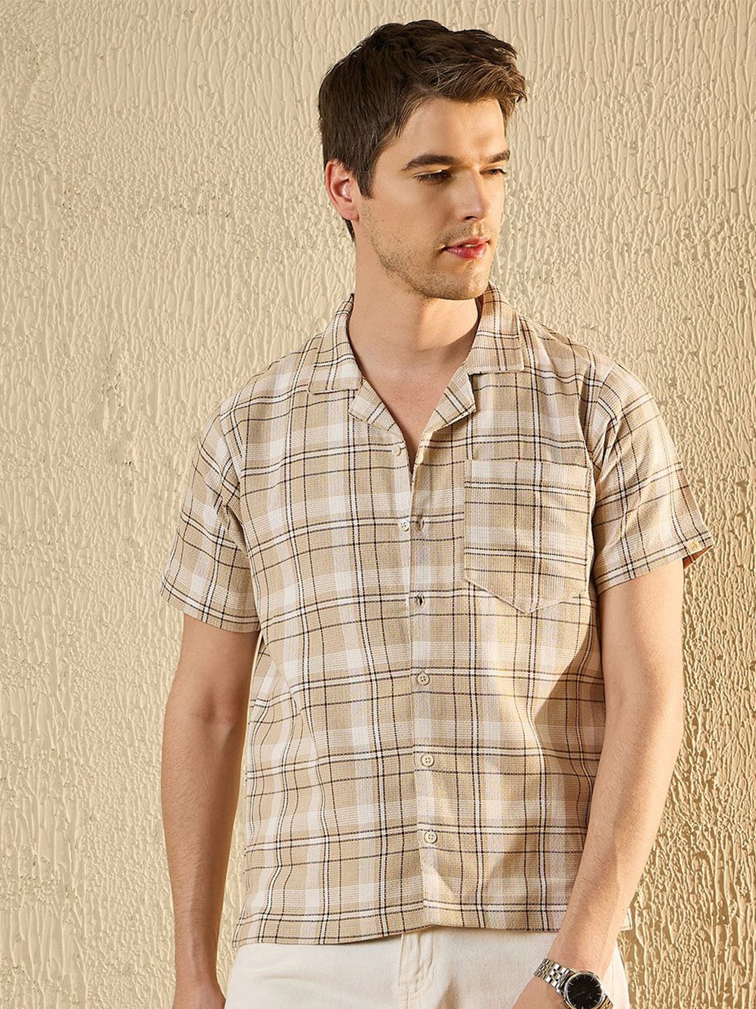 

Modeve Men Tartan Checks Opaque Checked Casual Shirt, Beige