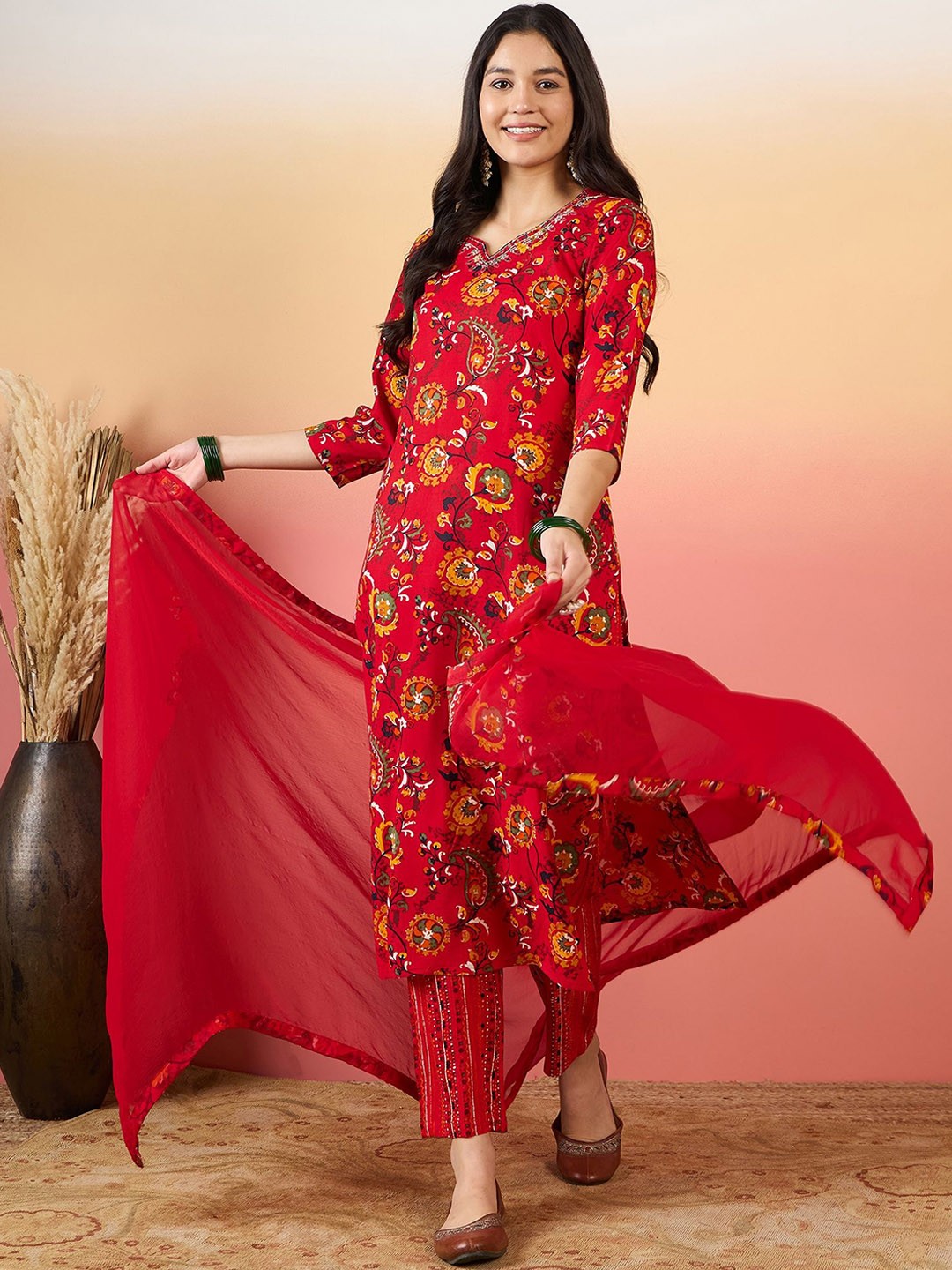 

KALINI Floral Printed Thread Work Straight Kurta With Trousers & Dupatta, Red