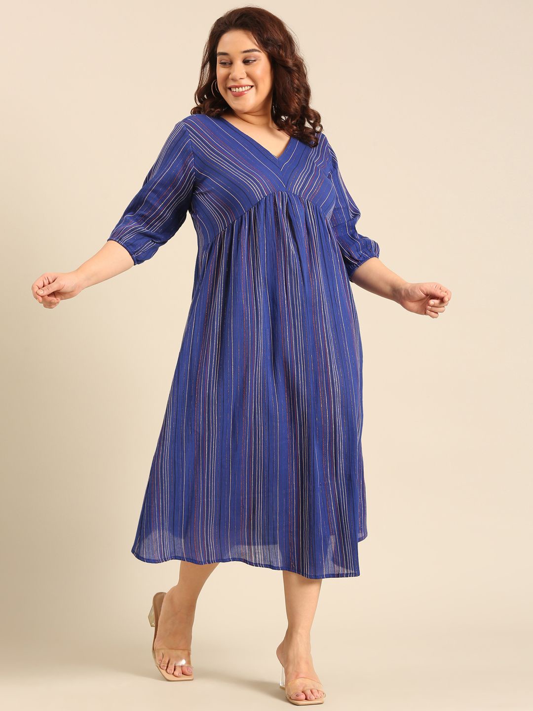 

The Pink Moon Plus Size Striped Empire Midi Dress, Blue