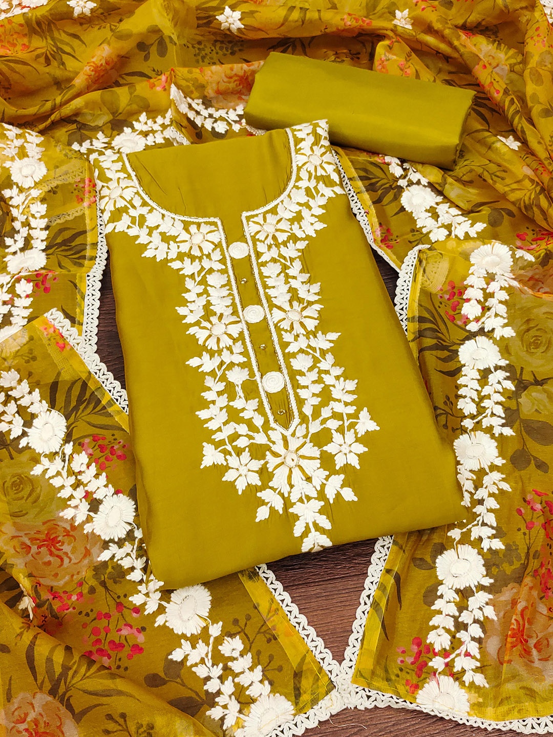 

Maroosh Floral Embroidered Beads and Stones Unstitched Dress Material, Mustard