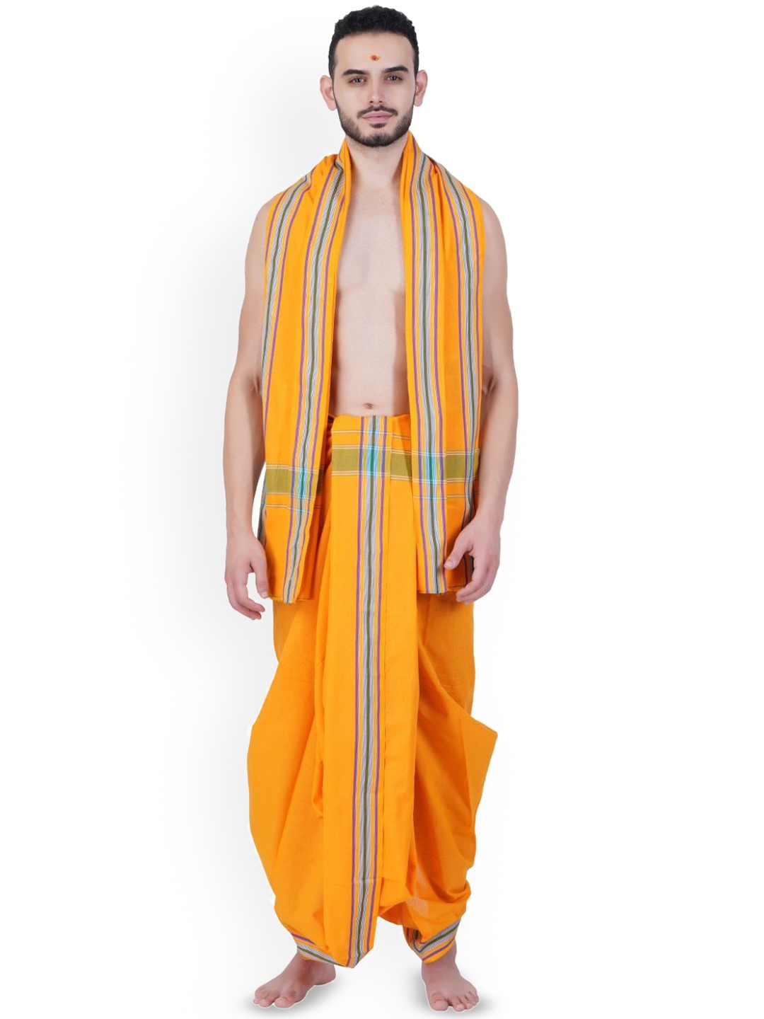 

Ethazh Men Cotton Dhotis With Angavastram, Yellow