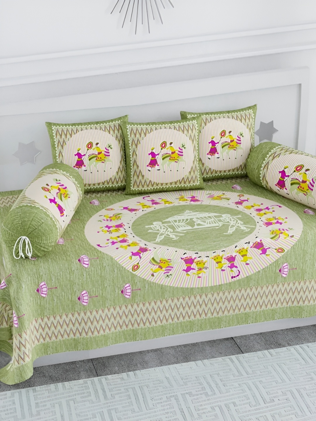 

LIVING ROOTS Green & White 8 Pieces Ethnic Motifs Printed Cotton Diwan Set