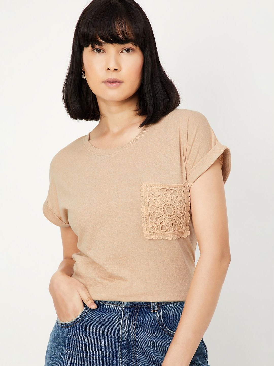 

max Women Solid Round Neck Cotton T-shirt, Tan