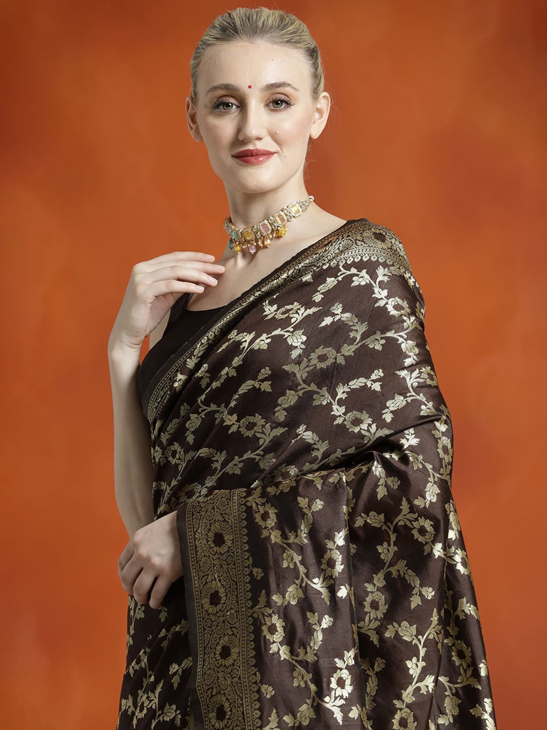 

Jaipur Kurti Silk Blend Zari Woven Design Banarasi Saree, Coffee brown