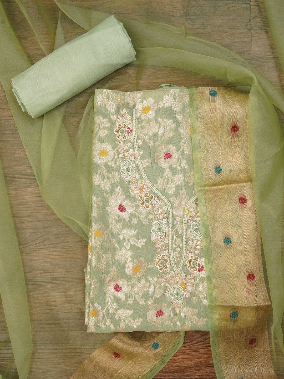 

Jaipur Kurti Zari Brocade Cotton Dress Material with Dupatta, Green
