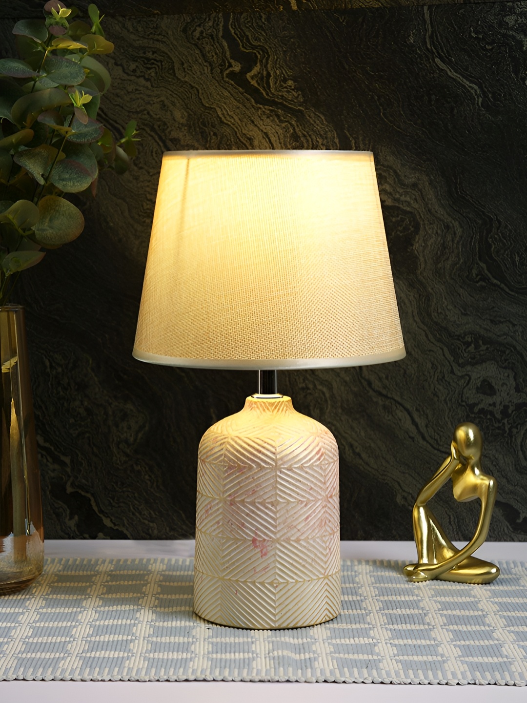 

TAYHAA Beige Ceramic Contemporary Frusturical Shaped Table Lamp