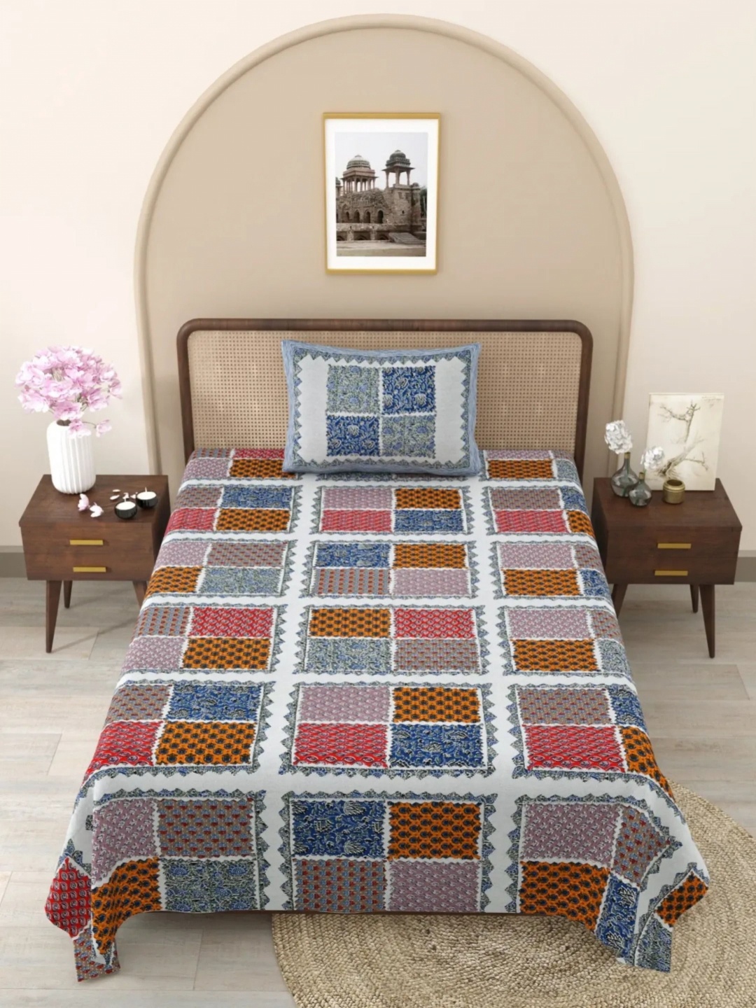 

LIVING ROOTS Blue & Orange Ethnic Motifs Cotton 144 TC Single Bedsheet with 1 Pillow Cover