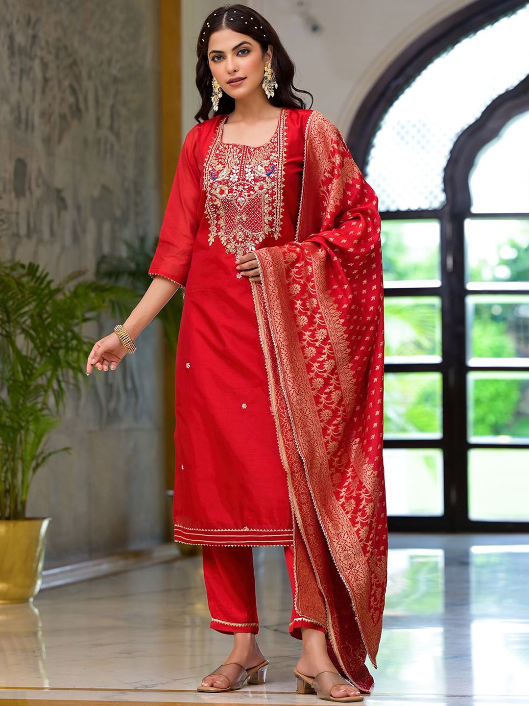 

Divena Floral Embroidered Gotta Patti Pure Cotton Straight Kurta With Trousers & Dupatta, Red