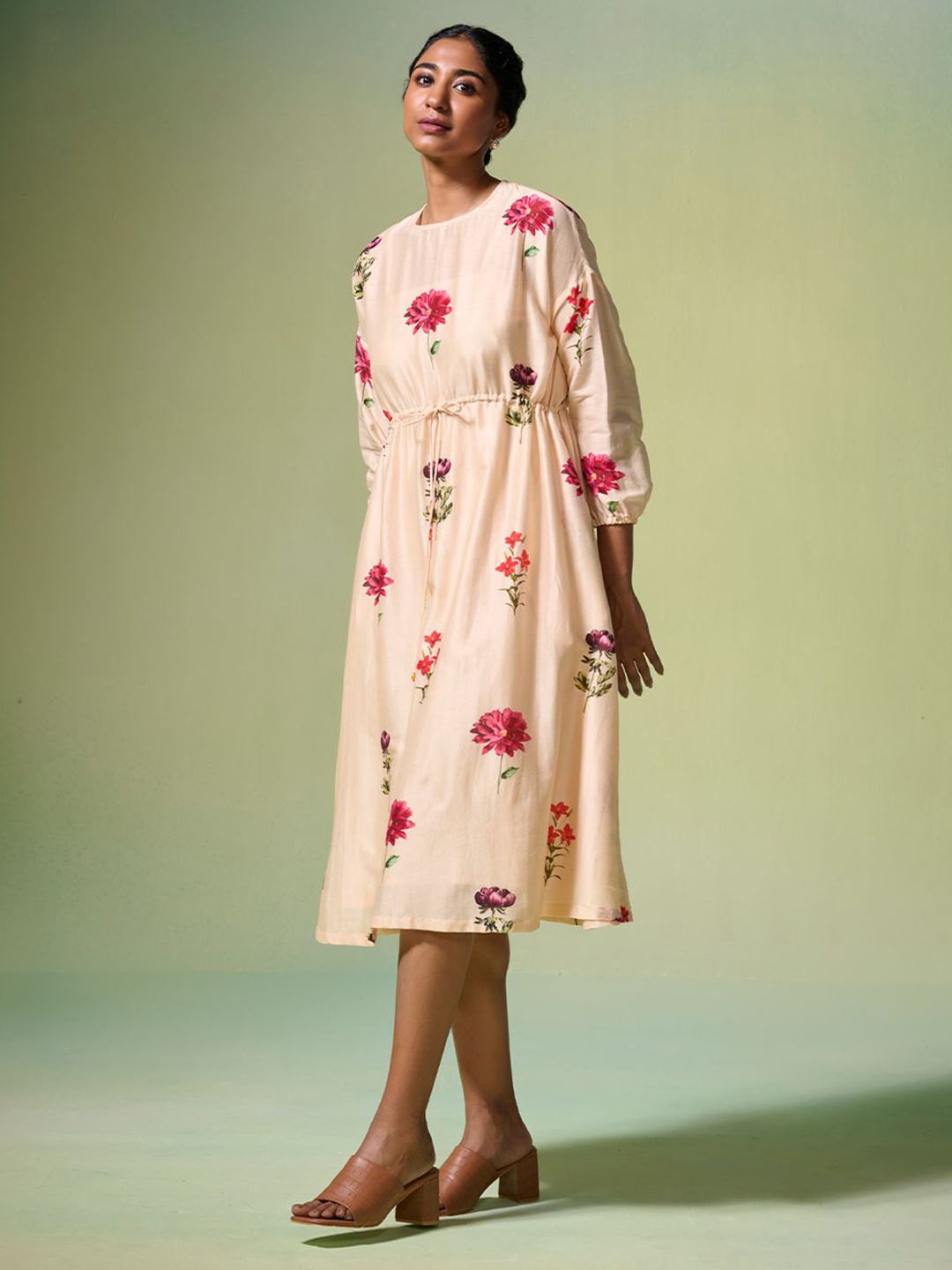

Dressfolk Floral Print Fit & Flare Midi Dress, Beige