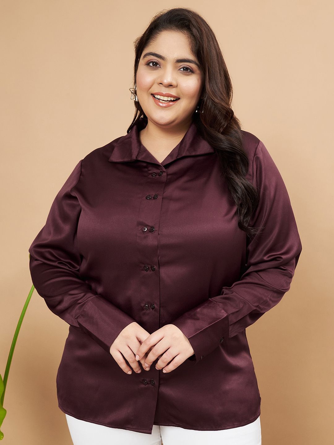 

MOOBA Women Classic Built-Up Collar Solid Casual Plus Size Shirt, Burgundy