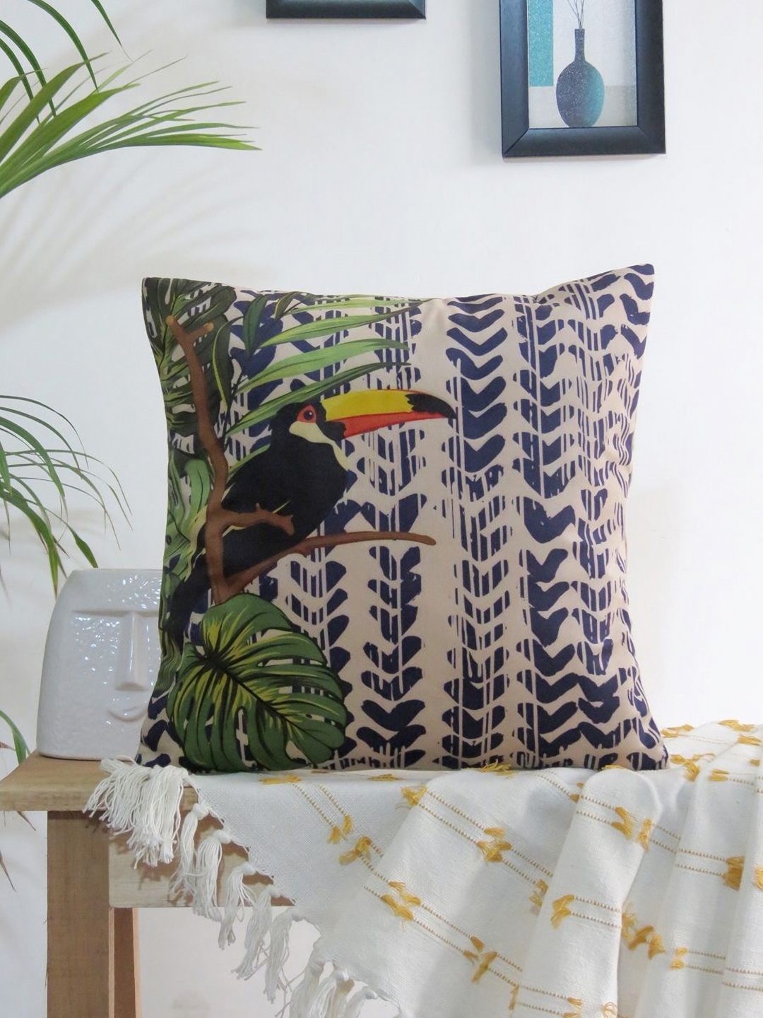 

Mid July Home Navy Blue & Off White Printed Velvet Square Cushion Cover
