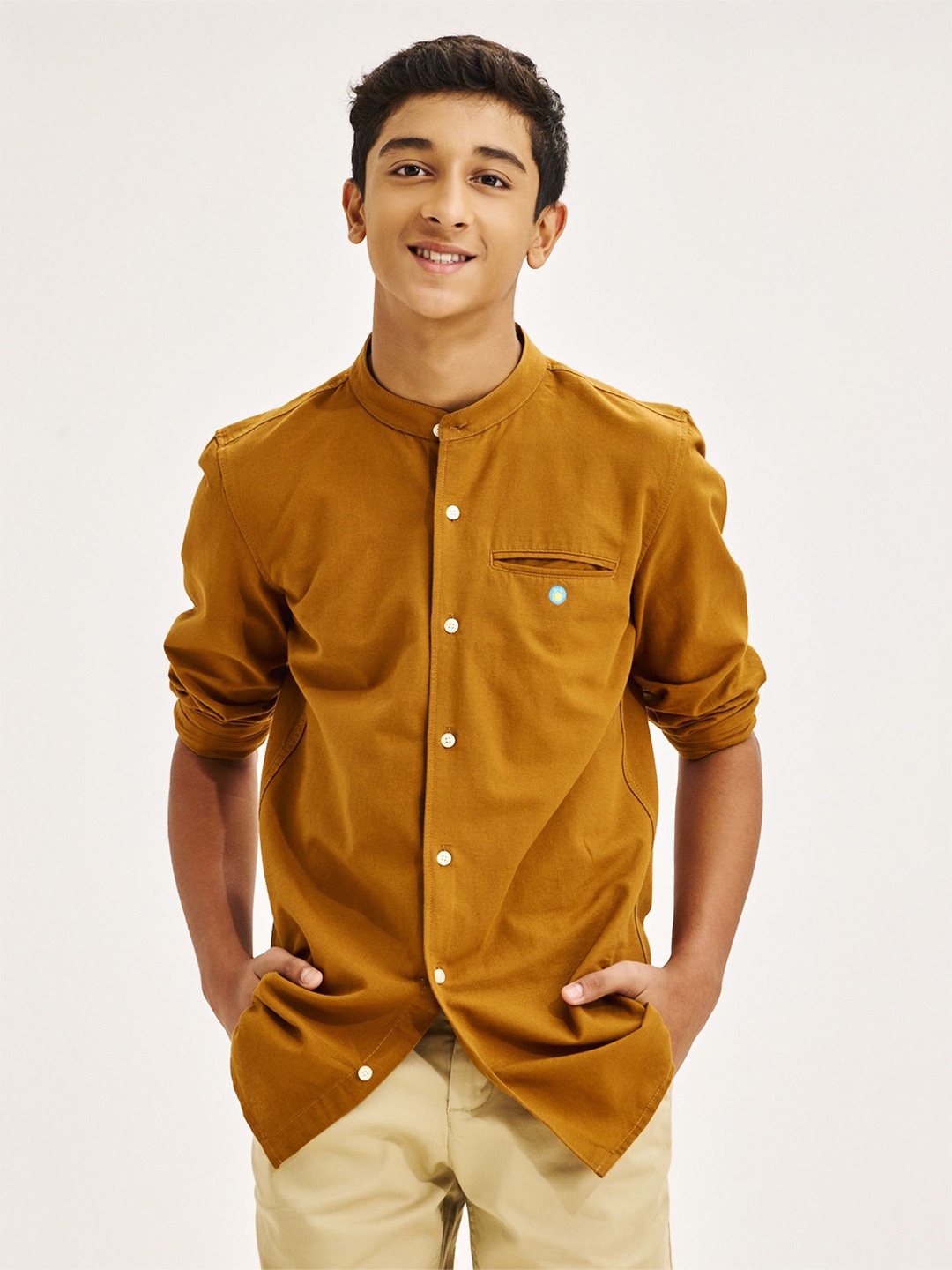 

NO MONDAYS Boys Relaxed Band Collar Solid Cotton Casual Shirt, Brown