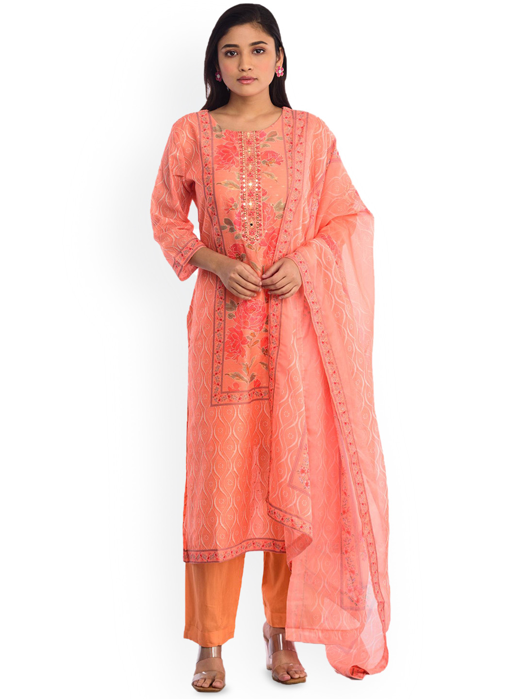 

ISHKIYA Floral Printed Mirror Work Straight Kurta with Trousers & Dupatta, Orange