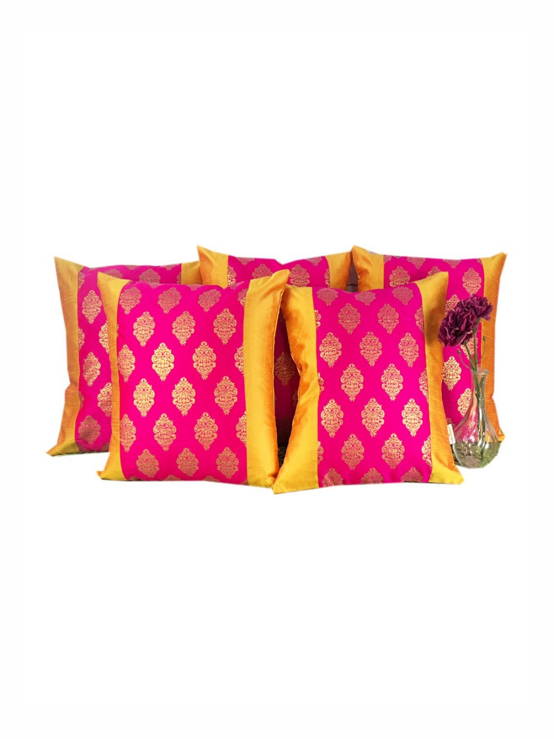 

Pink Parrot Pink & Yellow 5 Pieces Ethnic Motifs Jacquard Silk Square Cushion Covers