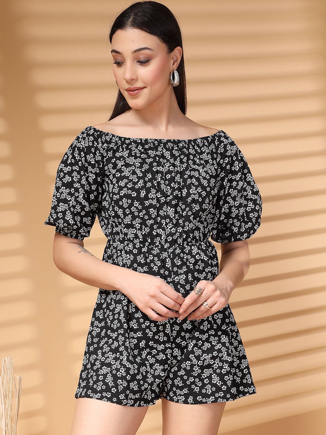 

EVERYDAY by ANI Floral Printed Boat Neck Playsuit, Black